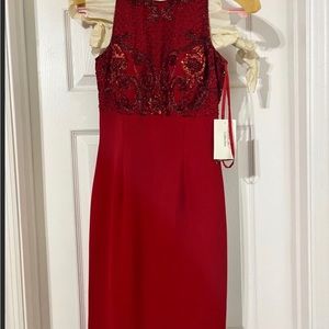 Red sleeveless formal dress.